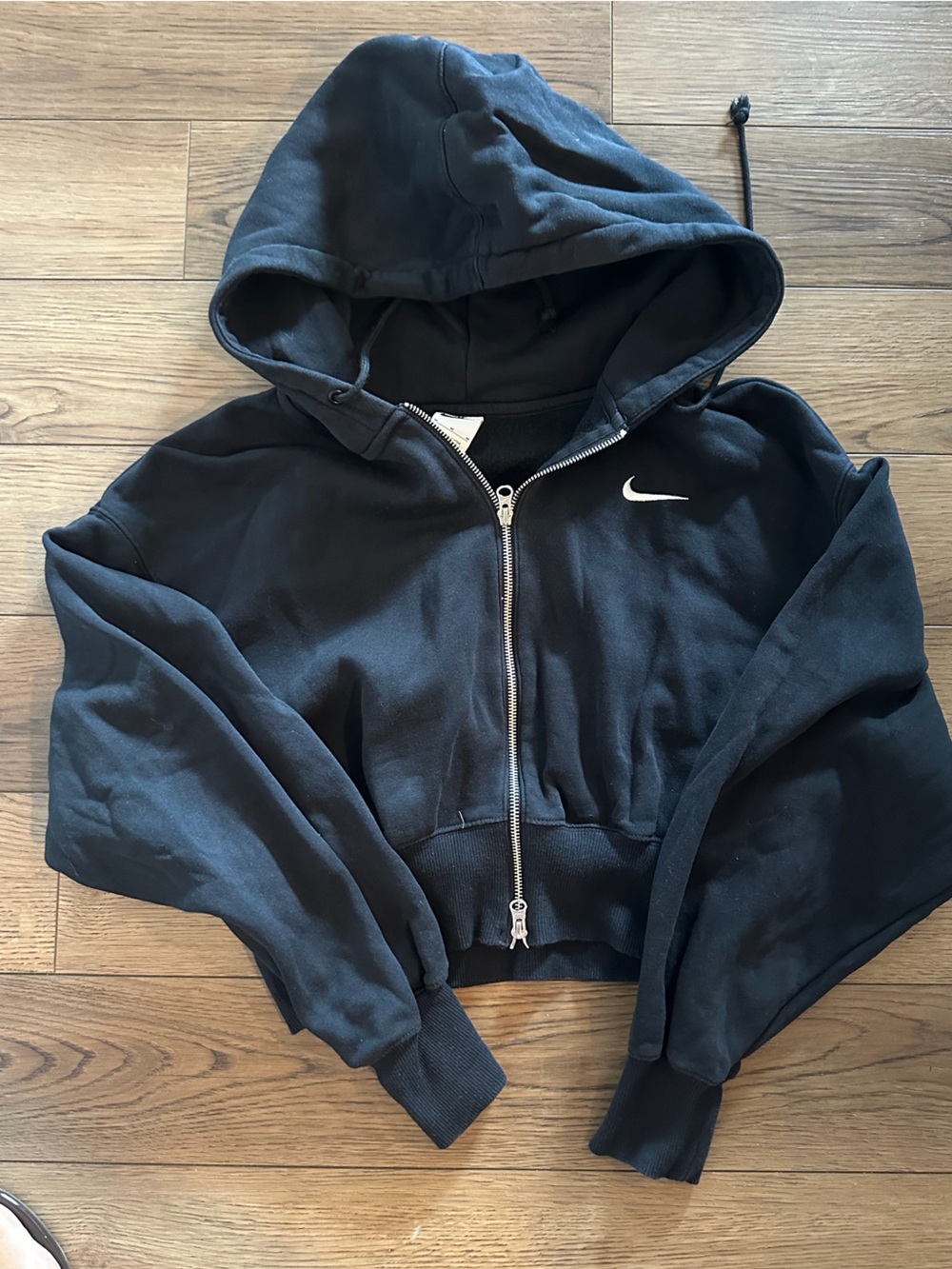 Nike Black Cropped Zip Hoodie with White Swoosh